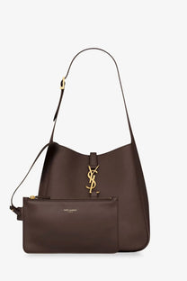 Saint Laurent women’s brown leather shoulder bag with gold-tone logo clasp and detachable matching pouch
