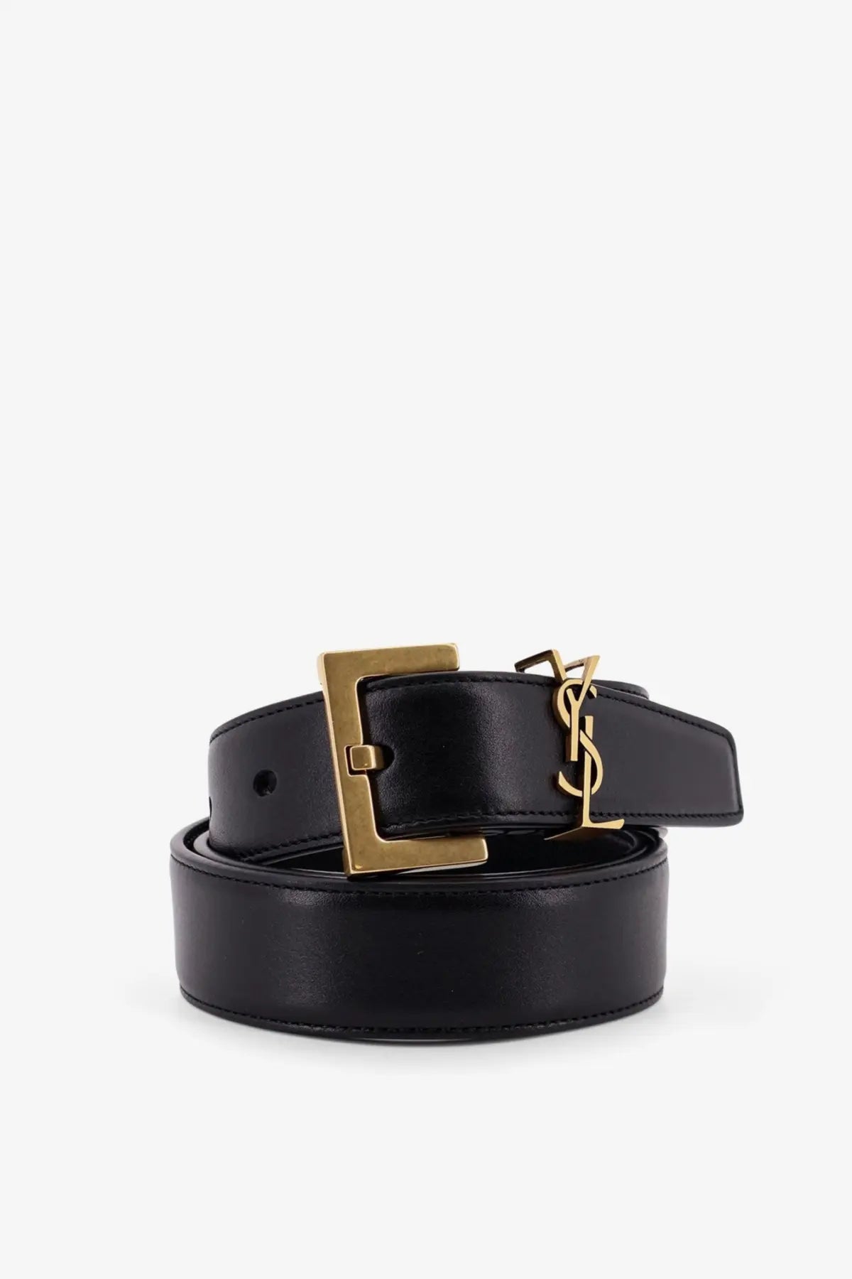 Saint Laurent women’s black leather belt with gold-tone rectangular buckle and interlocking YSL logo on the strap