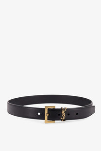 Saint Laurent women’s black leather belt with gold-tone YSL buckle for stylish waist accessory