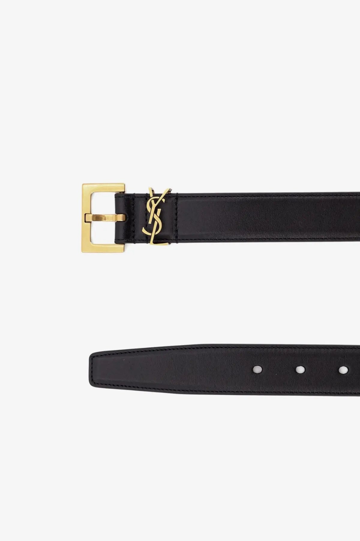 Saint Laurent women’s black leather belt with gold-tone YSL buckle and logo front view