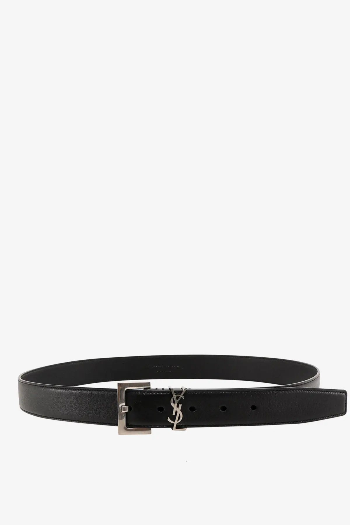 Saint Laurent women’s black leather belt with silver-tone YSL logo buckle and smooth finish