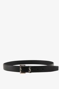 Saint Laurent women’s black leather belt with silver-tone YSL logo buckle and smooth finish