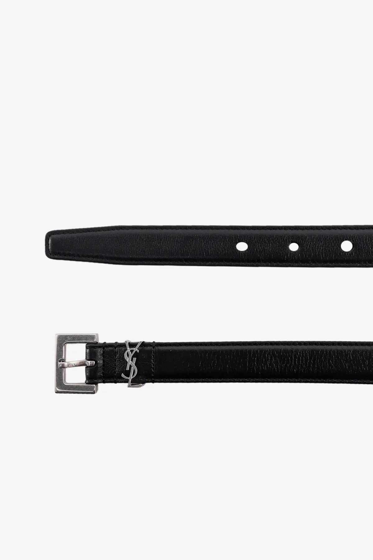 Saint Laurent women’s black leather belt with silver-tone ysl buckle and logo front view