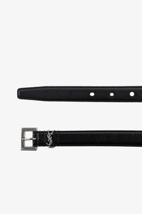 Saint Laurent women’s black leather belt with silver-tone ysl buckle and logo front view
