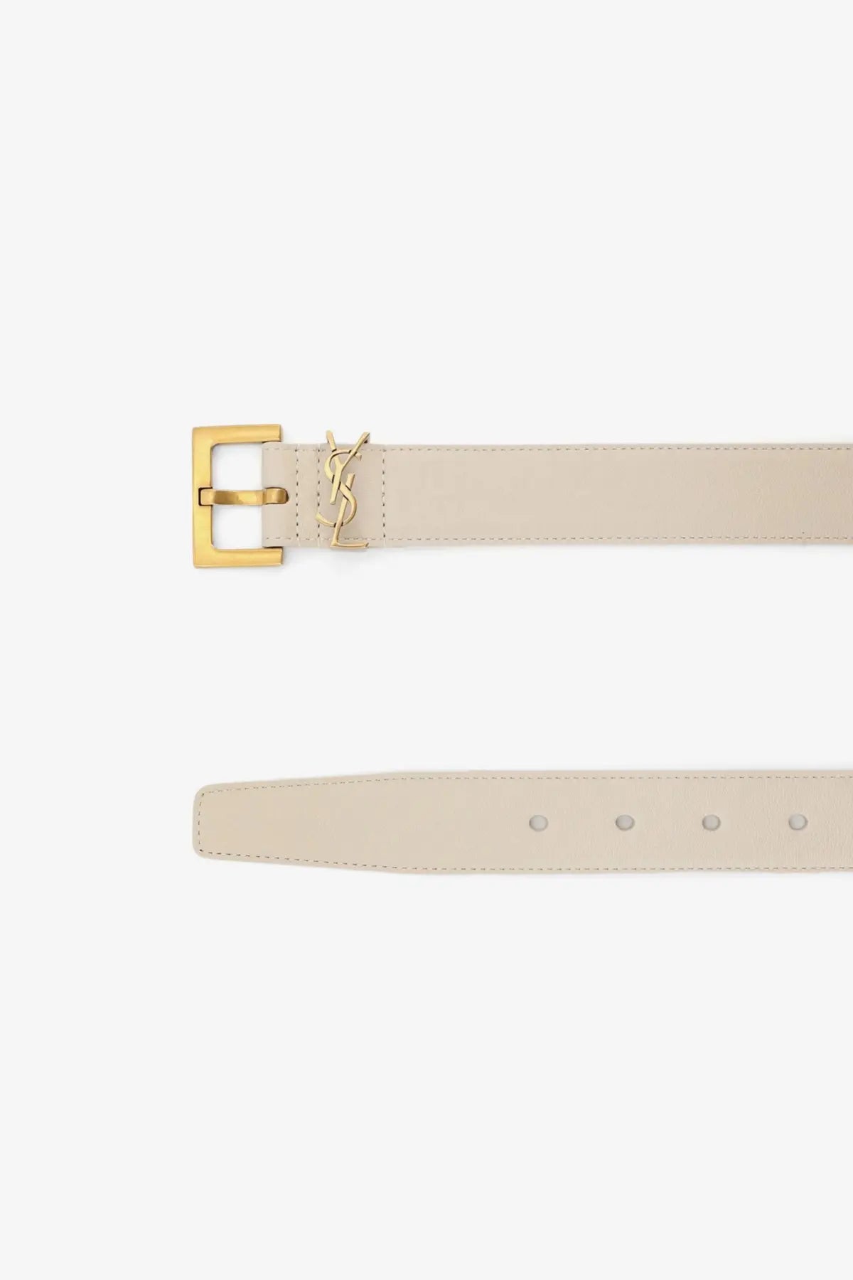 Saint Laurent women’s beige leather belt with gold-tone ysl buckle and signature logo in white product line