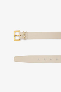 Saint Laurent women’s beige leather belt with gold-tone ysl buckle and signature logo in white product line