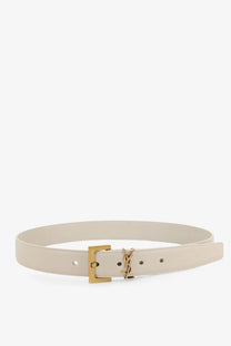 Saint Laurent women’s cream leather belt with gold-tone rectangular ysl logo buckle white accessory