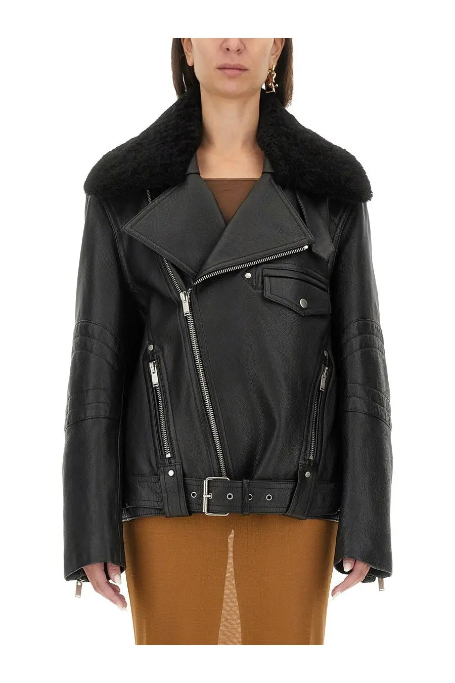 Saint Laurent women’s black leather biker jacket with plush black shearling collar and silver zippers