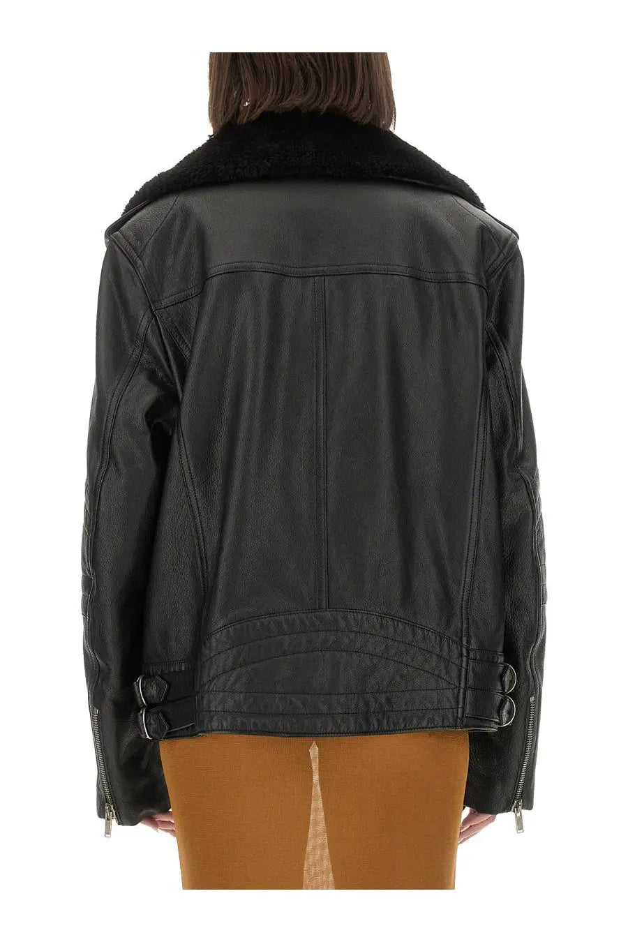 Saint Laurent women’s black leather biker jacket with plush shearling collar and zippered cuffs