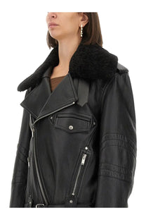 Saint Laurent women’s black leather biker jacket with plush shearling collar and silver-toned zippers