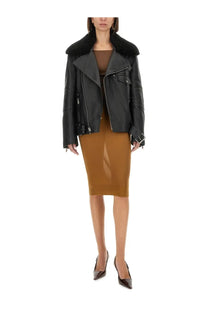 Saint Laurent women’s black leather biker jacket with plush fur-lined collar and moto style design