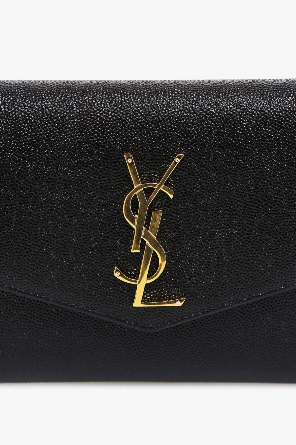 Saint Laurent women’s black leather crossbody bag with textured leather and prominent gold-tone ysl logo clutch style