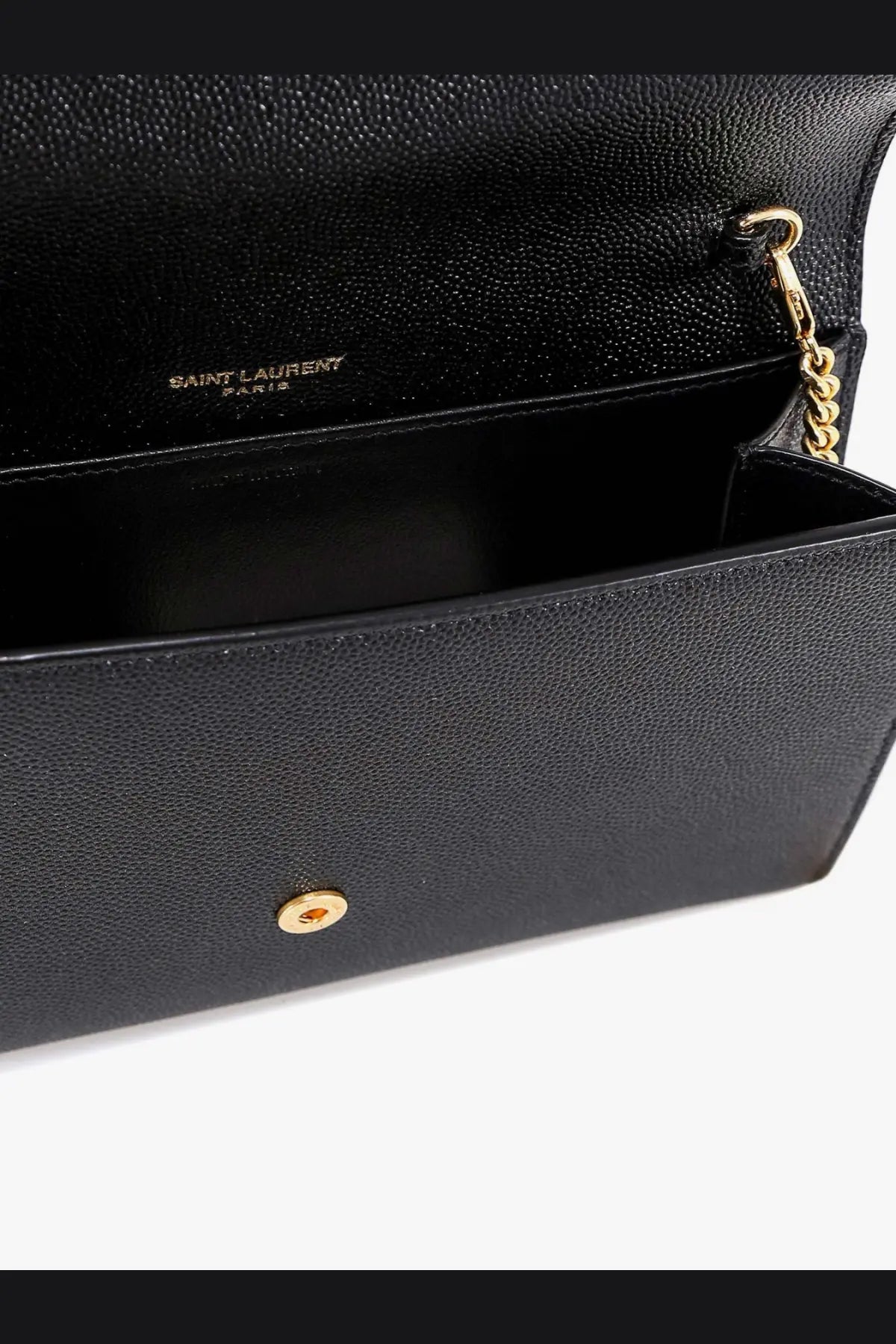 Saint Laurent women’s leather crossbody bag black with textured leather, gold-tone hardware, and chain strap