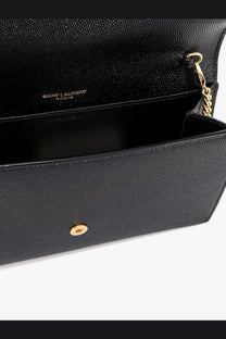 Saint Laurent women’s leather crossbody bag black with textured leather, gold-tone hardware, and chain strap