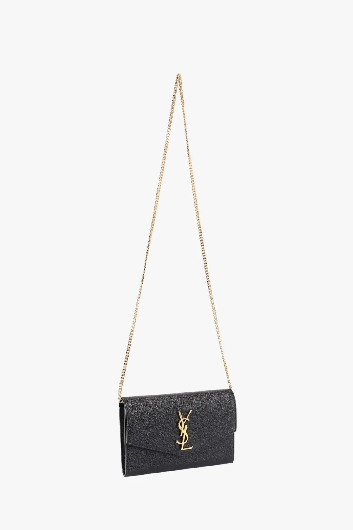 Saint Laurent women’s black leather crossbody bag with textured leather, gold-tone chain strap, and monogram clasp