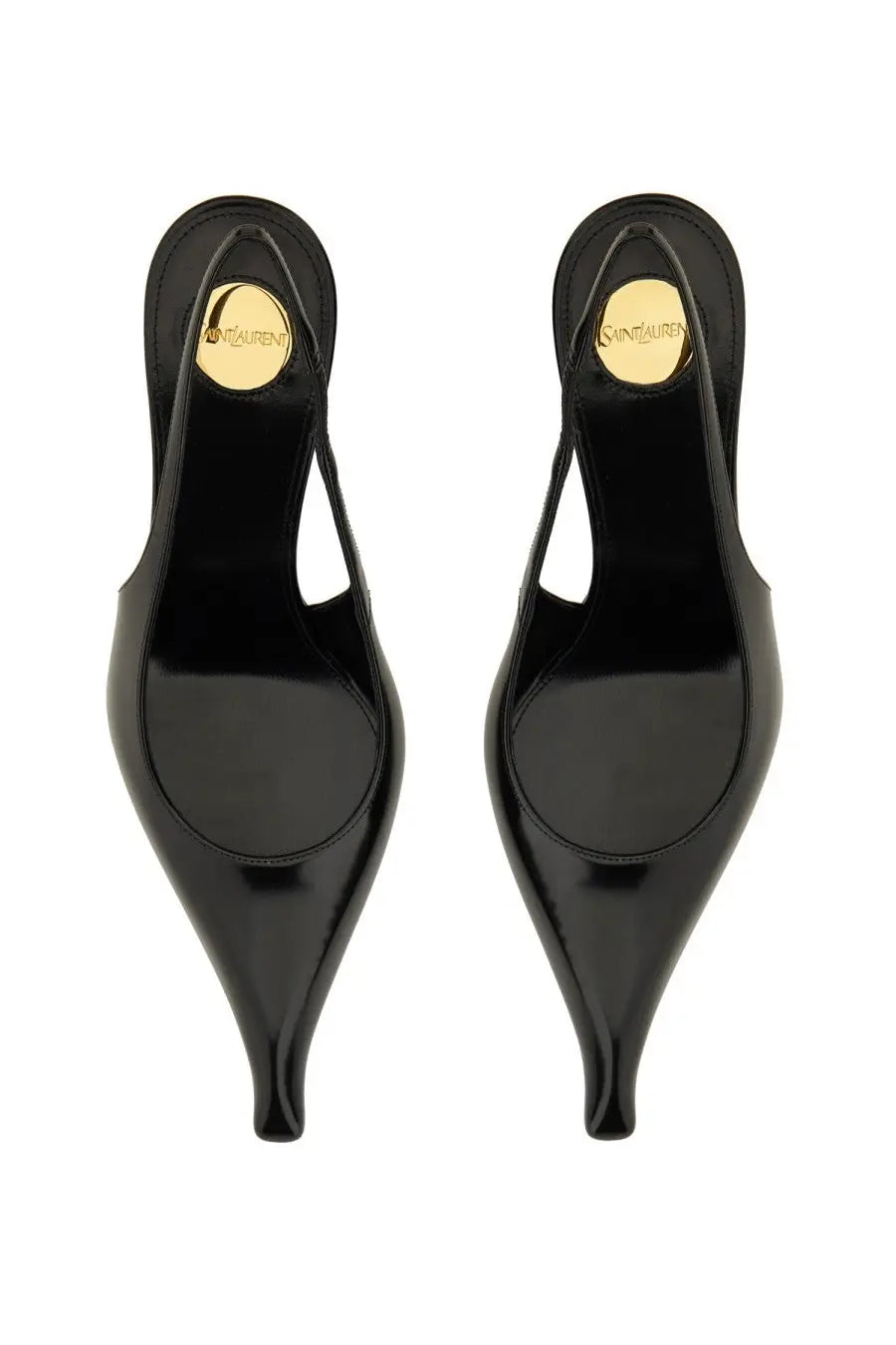 Black patent leather saint laurent women’s miller mules with gold tone branding on the back heel