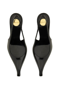 Black patent leather saint laurent women’s miller mules with gold tone branding on the back heel