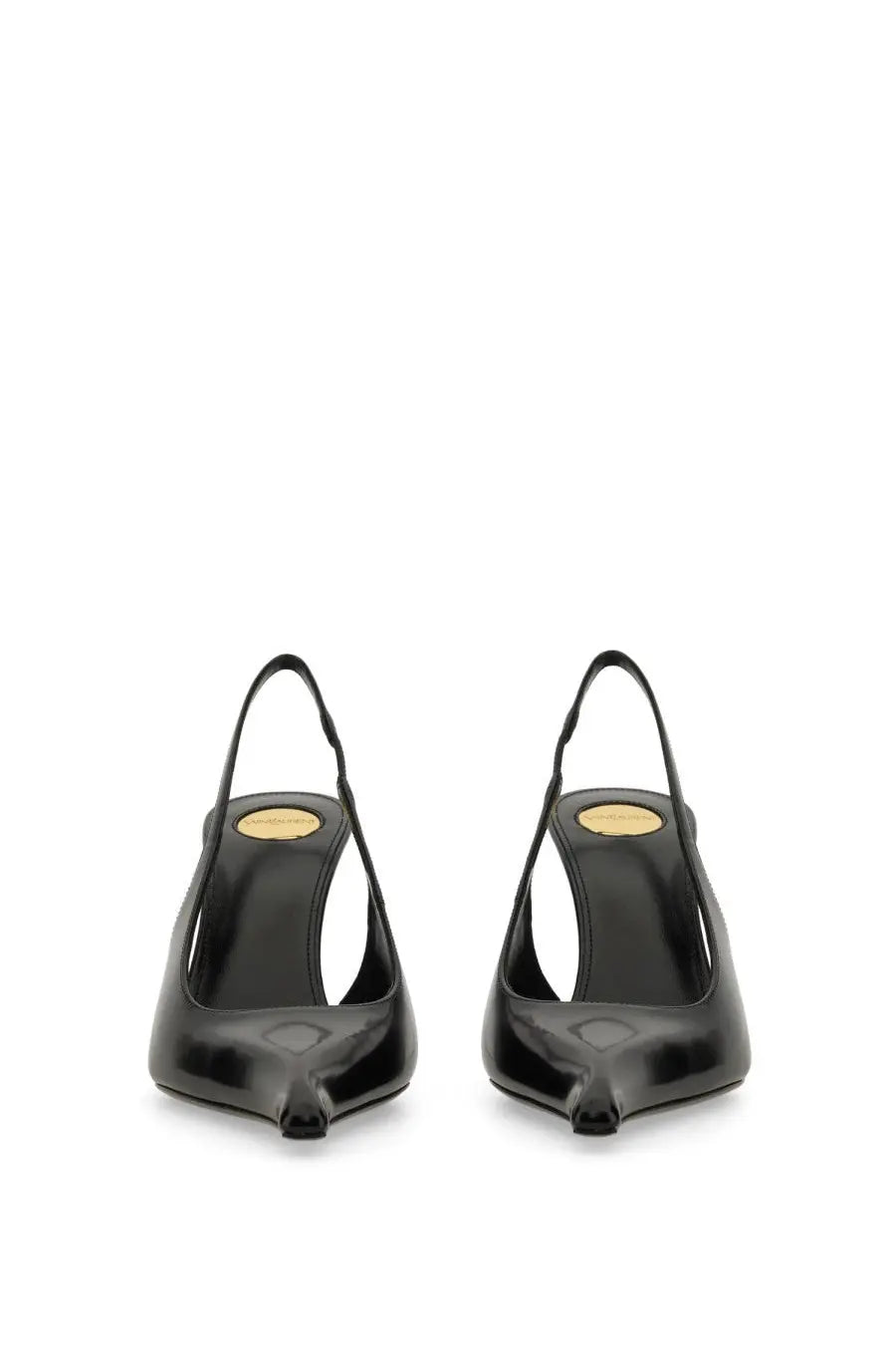 Saint Laurent women’s black patent leather slingback heels with pointed toe and gold-tone insole