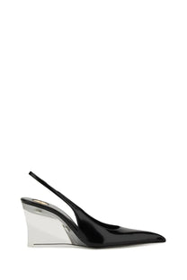 Saint Laurent women’s black patent leather slingback pump with transparent wedge heel and leather upper