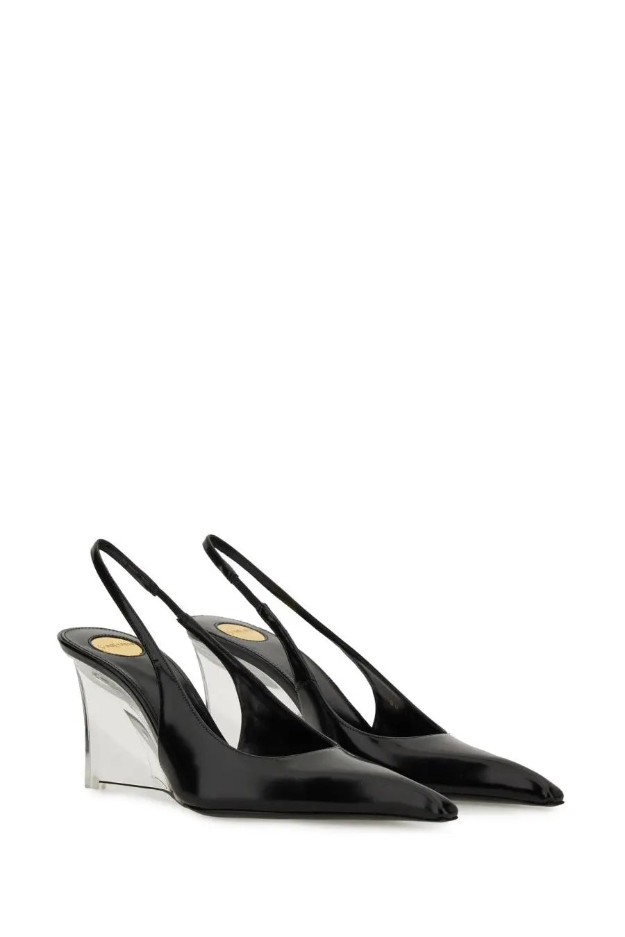 Saint Laurent women’s black leather Miller slingback pumps with patent leather and transparent wedge heel viewed from back