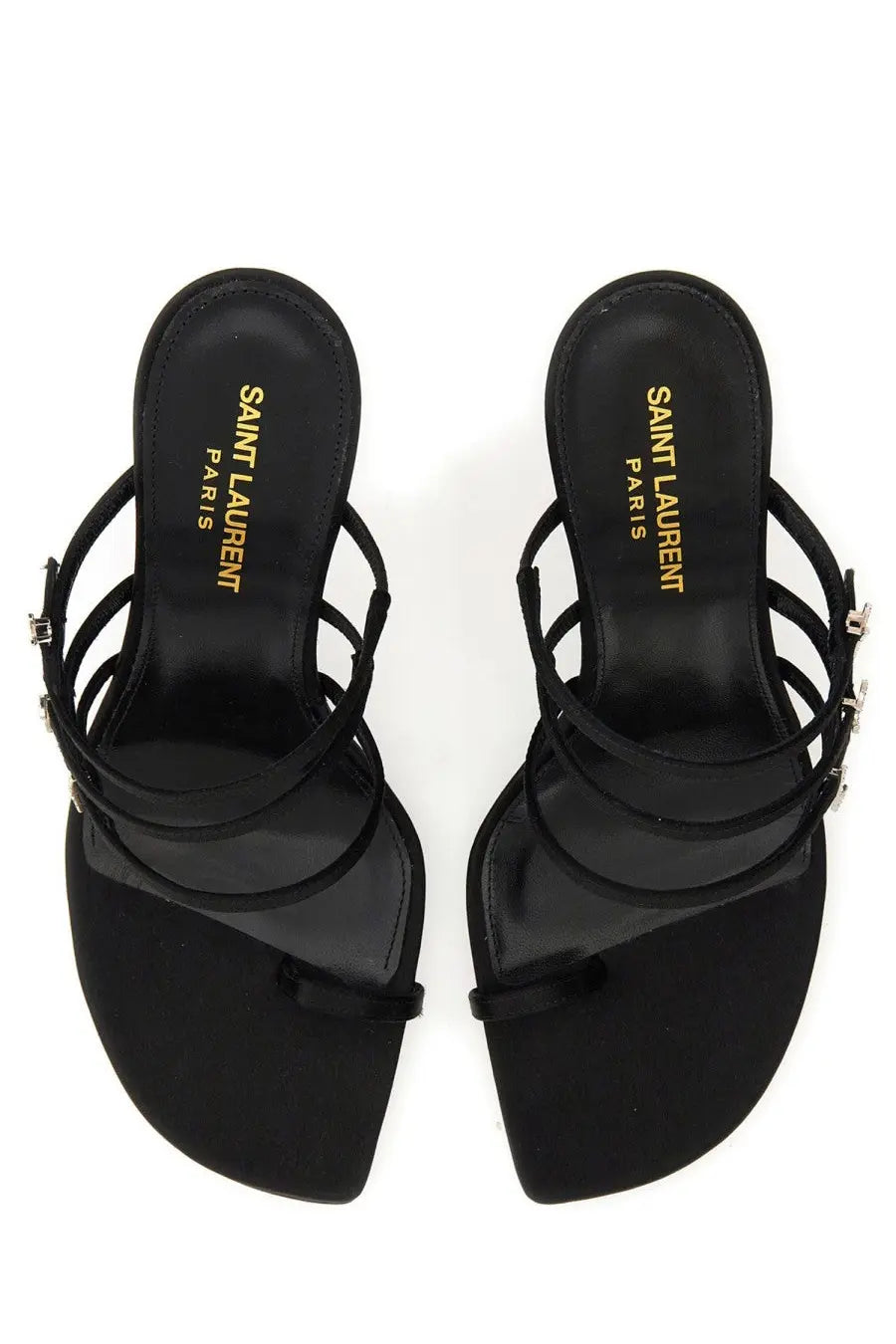 Saint Laurent women’s leather sandal black with glossy finish strappy design and metallic hardware details