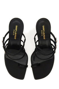 Saint Laurent women’s leather sandal black with glossy finish strappy design and metallic hardware details