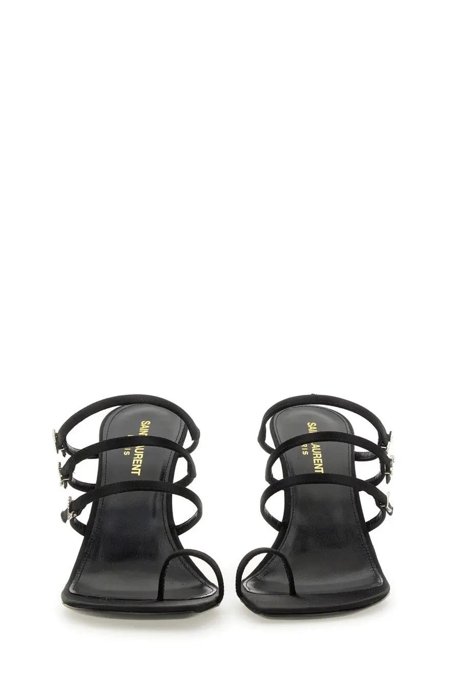Saint Laurent women’s black leather sandals with multiple straps and silver-tone hardware in a minimalist design