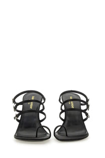 Saint Laurent women’s black leather sandals with multiple straps and silver-tone hardware in a minimalist design