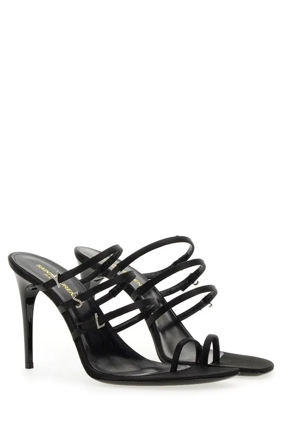 Saint Laurent women’s black leather strappy high-heeled sandals with a glossy finish and multiple thin straps
