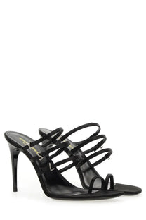 Saint Laurent women’s black leather strappy high-heeled sandals with a glossy finish and multiple thin straps