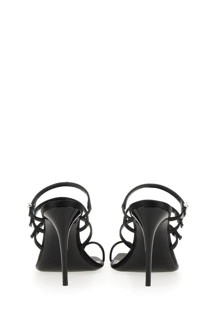 Saint Laurent women’s black leather strappy high-heeled sandals with a sleek minimalist design and slender stiletto heels