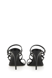 Saint Laurent women’s black leather strappy high-heeled sandals with a sleek minimalist design and slender stiletto heels