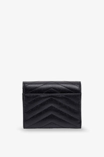 Saint Laurent women’s black leather wallet with a distinctive quilted chevron pattern front view