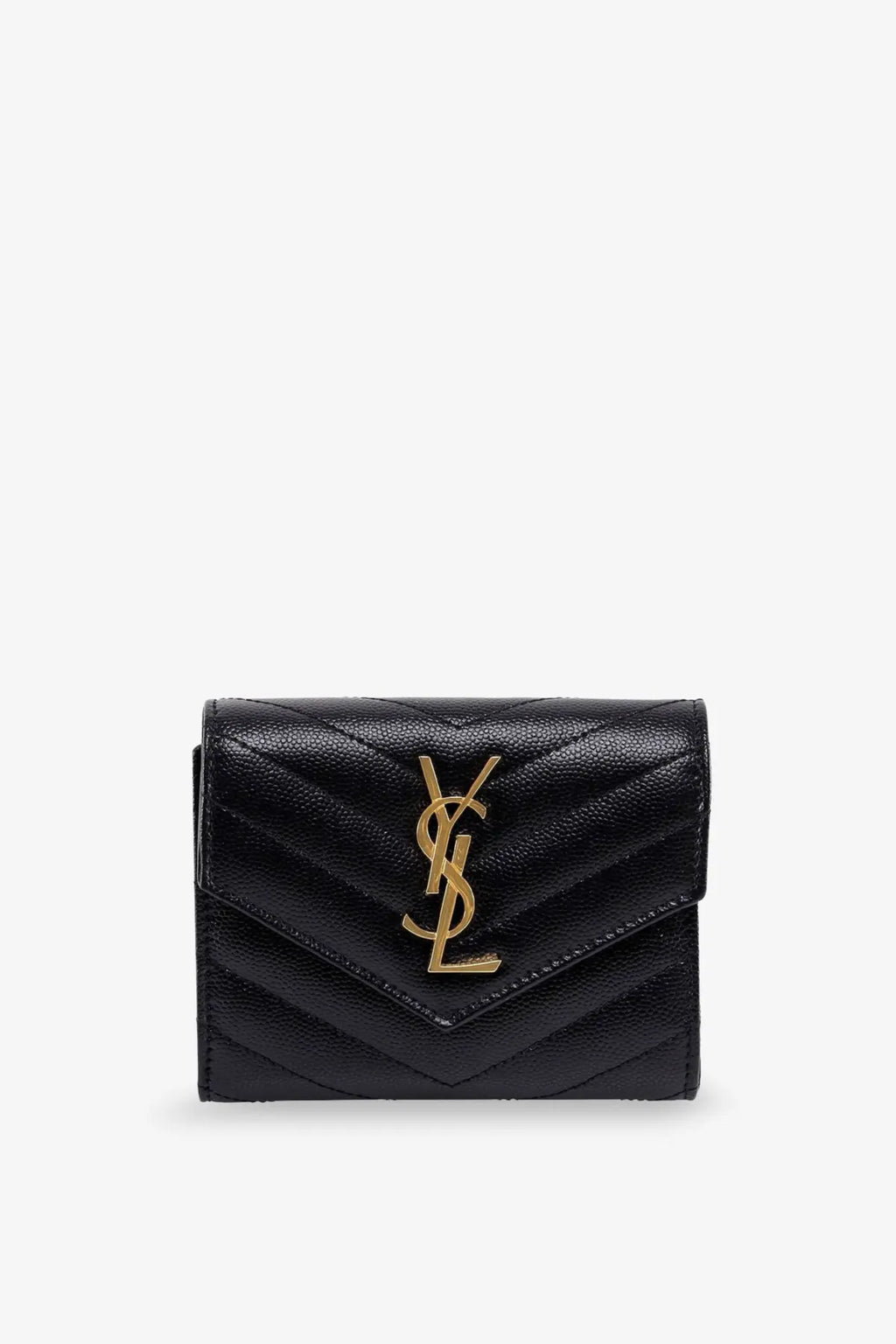 Saint Laurent women’s black leather quilted card case with gold-tone YSL logo for stylish wallet use