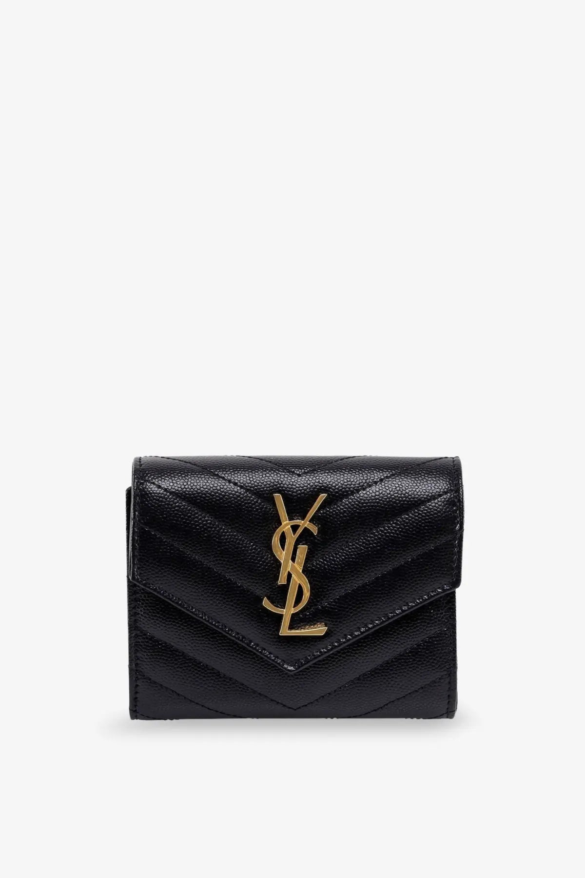 Saint Laurent women’s black leather quilted card case with gold-tone YSL logo for stylish wallet use