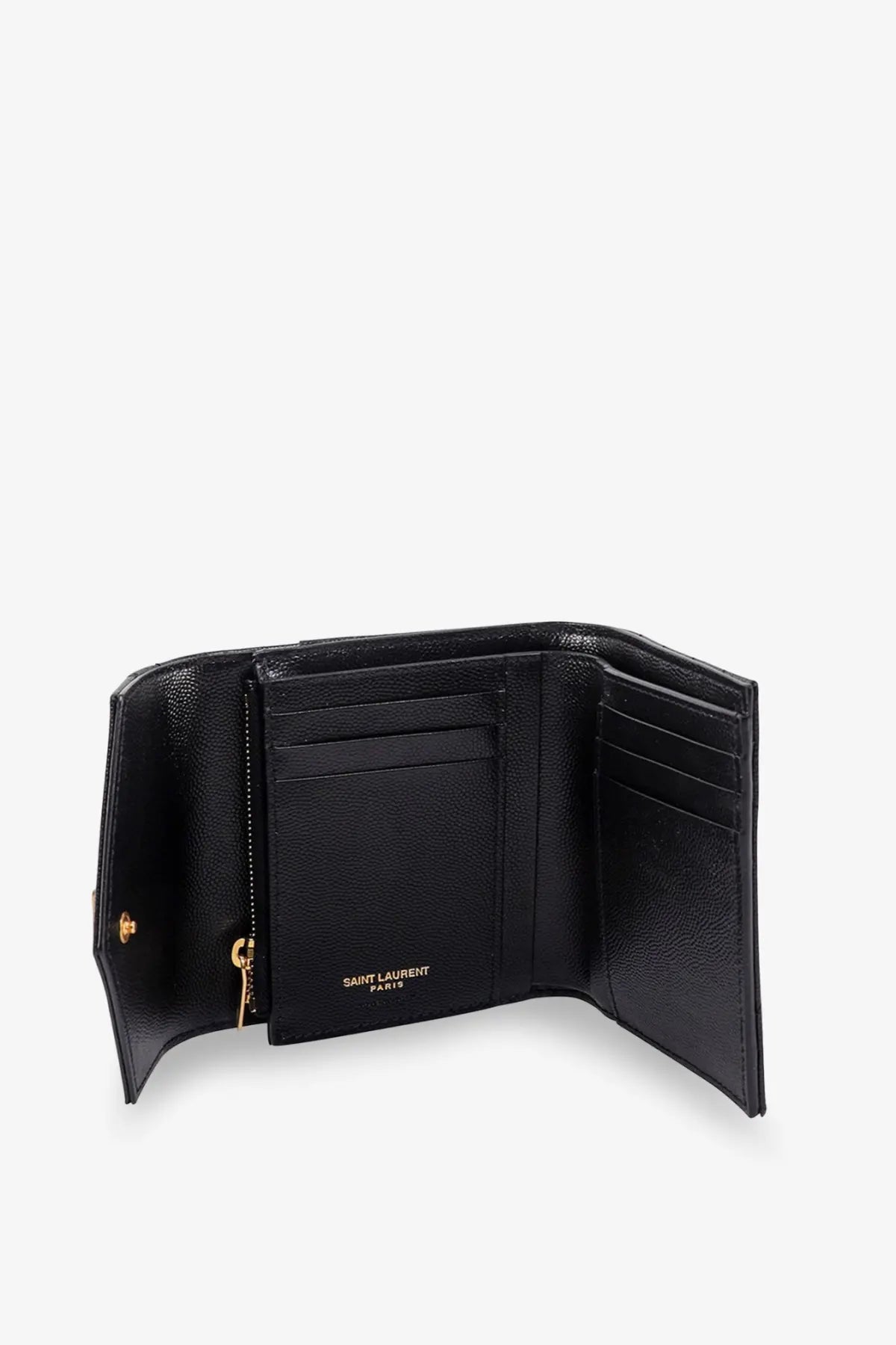 Saint Laurent women’s black leather trifold wallet with gold-tone hardware and embossed Saint Laurent Paris logo inside