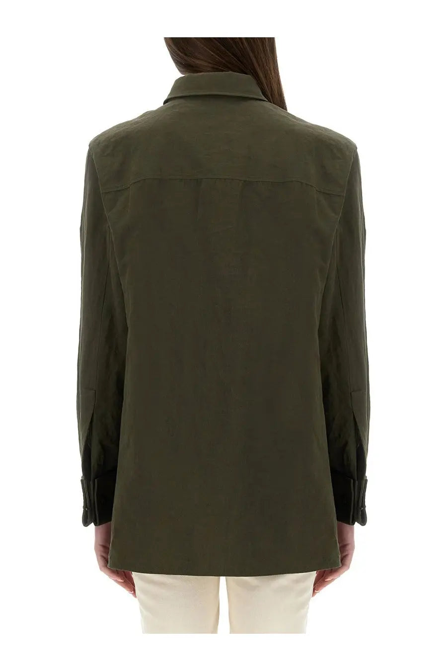Saint Laurent women’s olive green cotton blend blazer with structured back and rolled up cuffs shown from the back