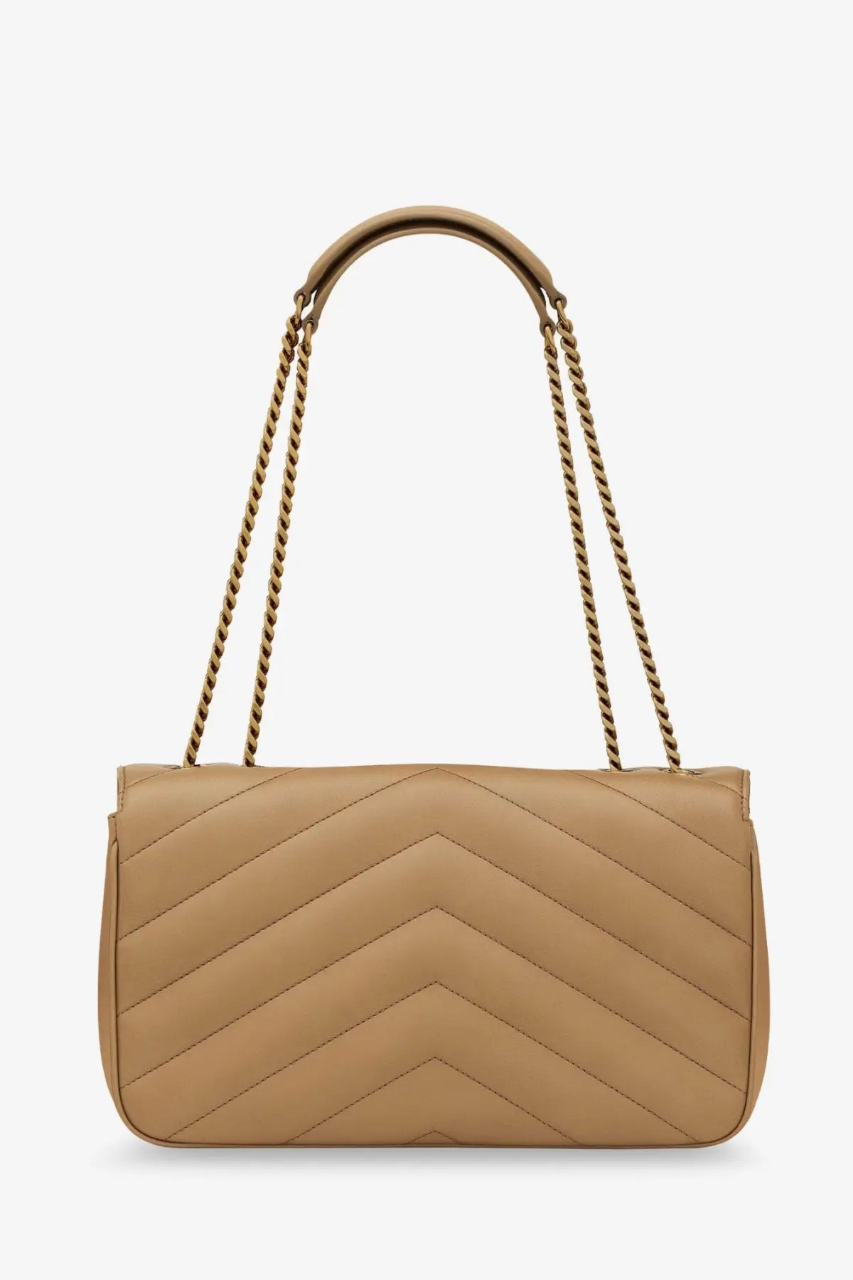 Saint Laurent women’s loulou leather shoulder bag in beige with quilted design and gold-tone chain straps