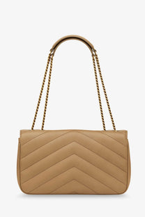 Saint Laurent women’s loulou leather shoulder bag in beige with quilted design and gold-tone chain straps