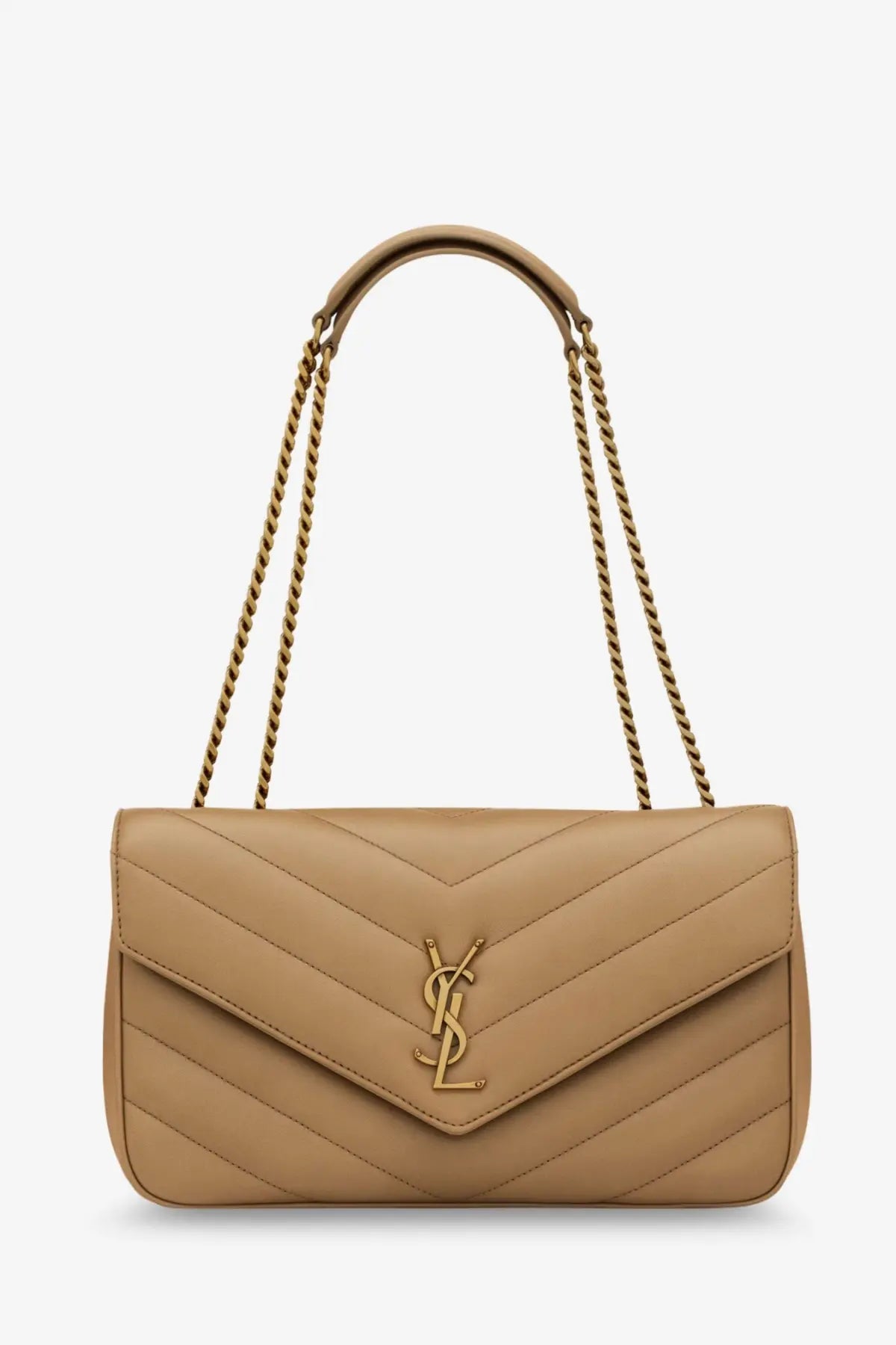 Saint Laurent women’s loulou beige quilted leather shoulder bag with gold chain strap and ysl logo clasp