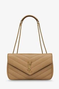 Saint Laurent women’s loulou beige quilted leather shoulder bag with gold chain strap and ysl logo clasp
