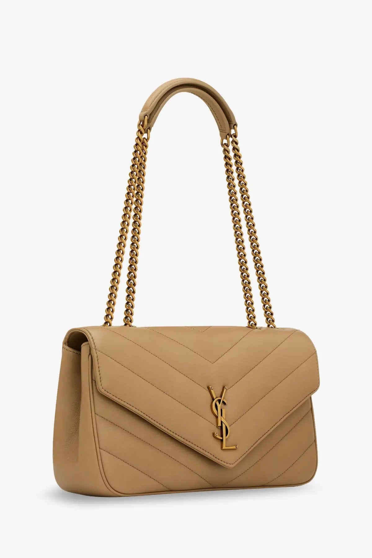 Saint Laurent women’s loulou beige quilted leather shoulder bag with gold-tone chain straps and signature ysl clasp