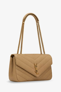 Saint Laurent women’s loulou beige quilted leather shoulder bag with gold-tone chain straps and signature ysl clasp