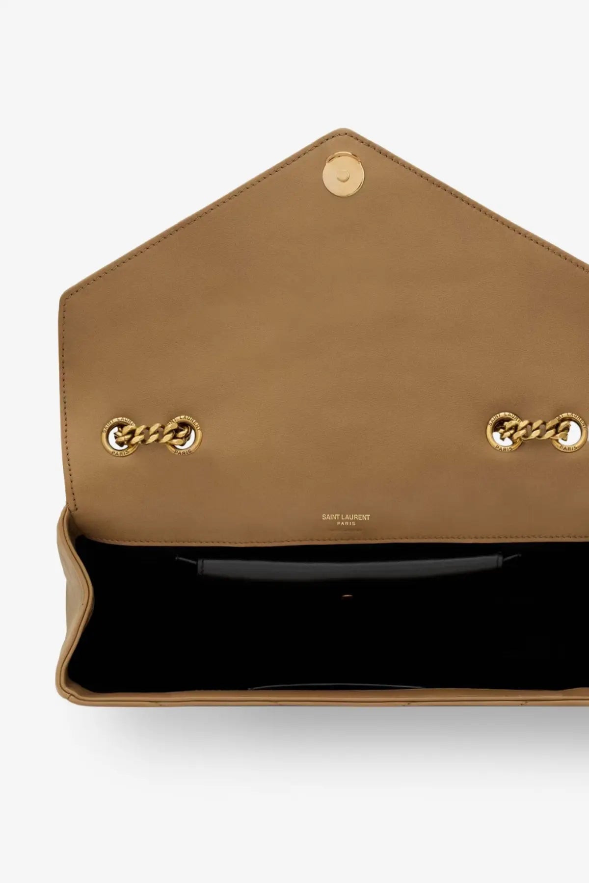 Saint Laurent women’s Loulou tan leather shoulder bag with gold-tone chain hardware and black interior