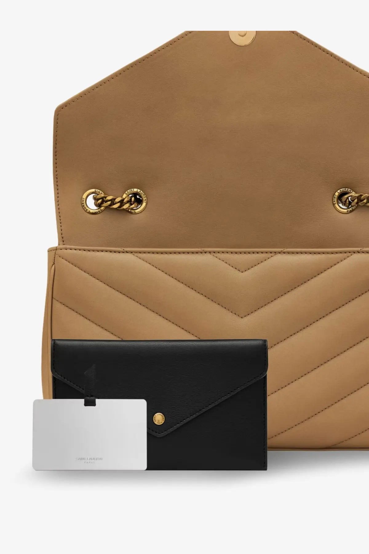Tan quilted leather handbag with gold-tone chain hardware and matching black envelope wallet by saint laurent
