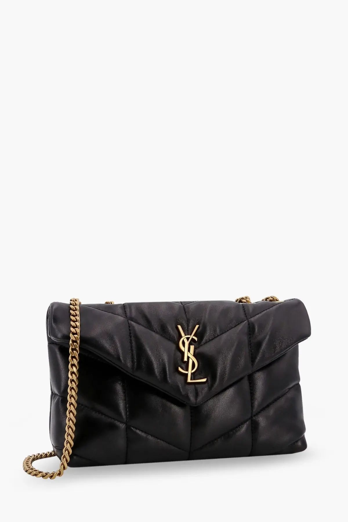 Saint Laurent women’s loulou puffer toy matelassé black quilted leather crossbody bag with gold chain strap and logo clasp