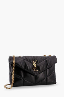 Saint Laurent women’s loulou puffer toy matelassé black quilted leather crossbody bag with gold chain strap and logo clasp