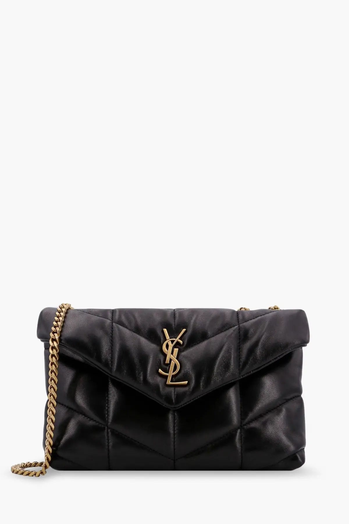 Saint Laurent women’s Loulou puffer toy matelassé black quilted leather crossbody bag with gold chain strap and logo clasp