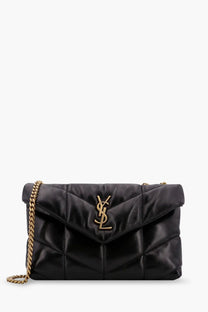 Saint Laurent women’s Loulou puffer toy matelassé black quilted leather crossbody bag with gold chain strap and logo clasp