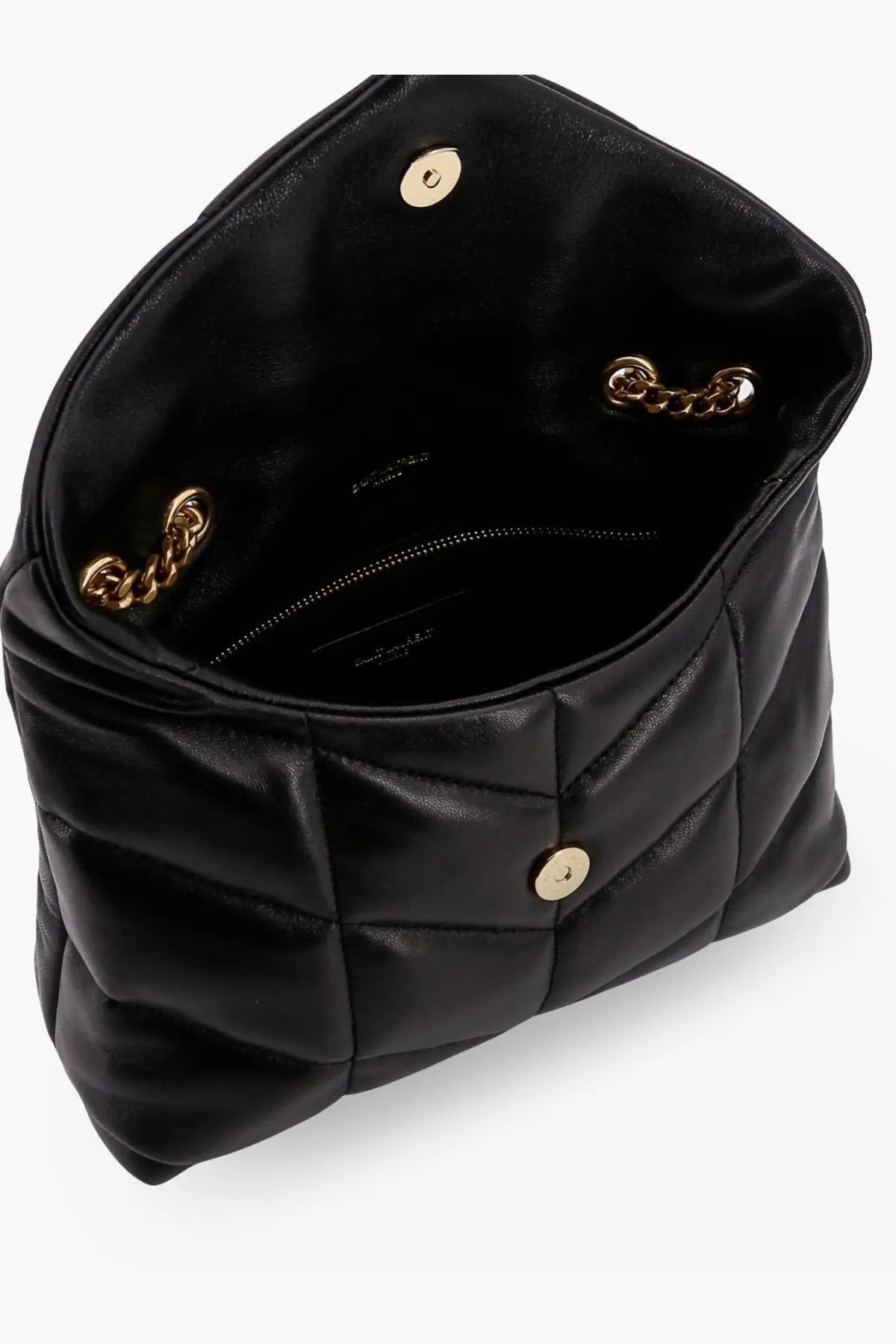 Saint Laurent women’s Loulou puffer toy matelassé black quilted leather crossbody bag with gold-tone chain hardware